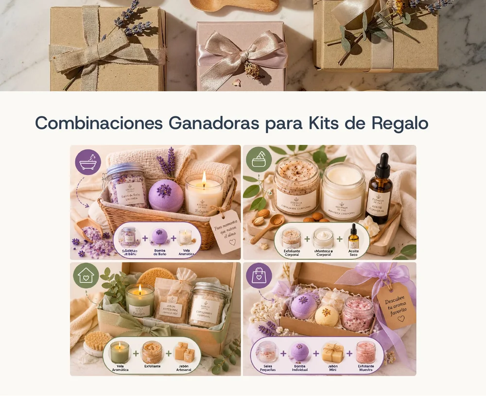 Página real con ejemplos visuales de combinaciones para kits de regalo artesanales