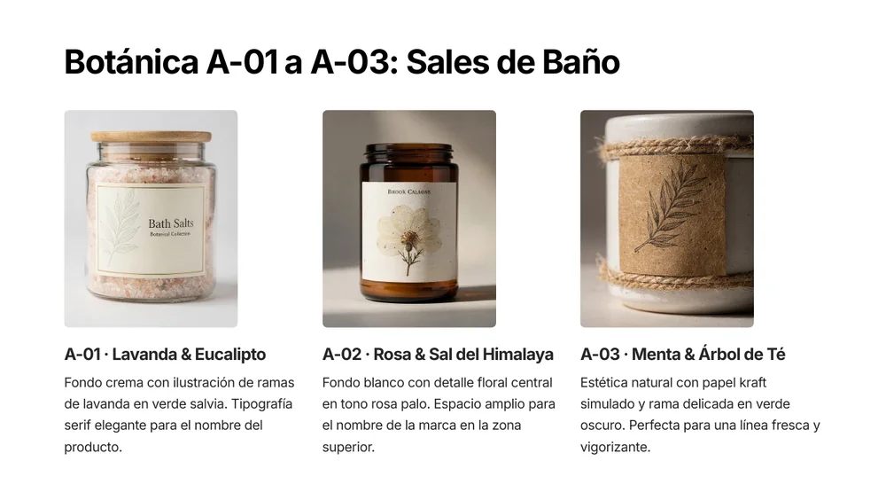 Página real con tres diseños botánicos de etiquetas para sales de baño