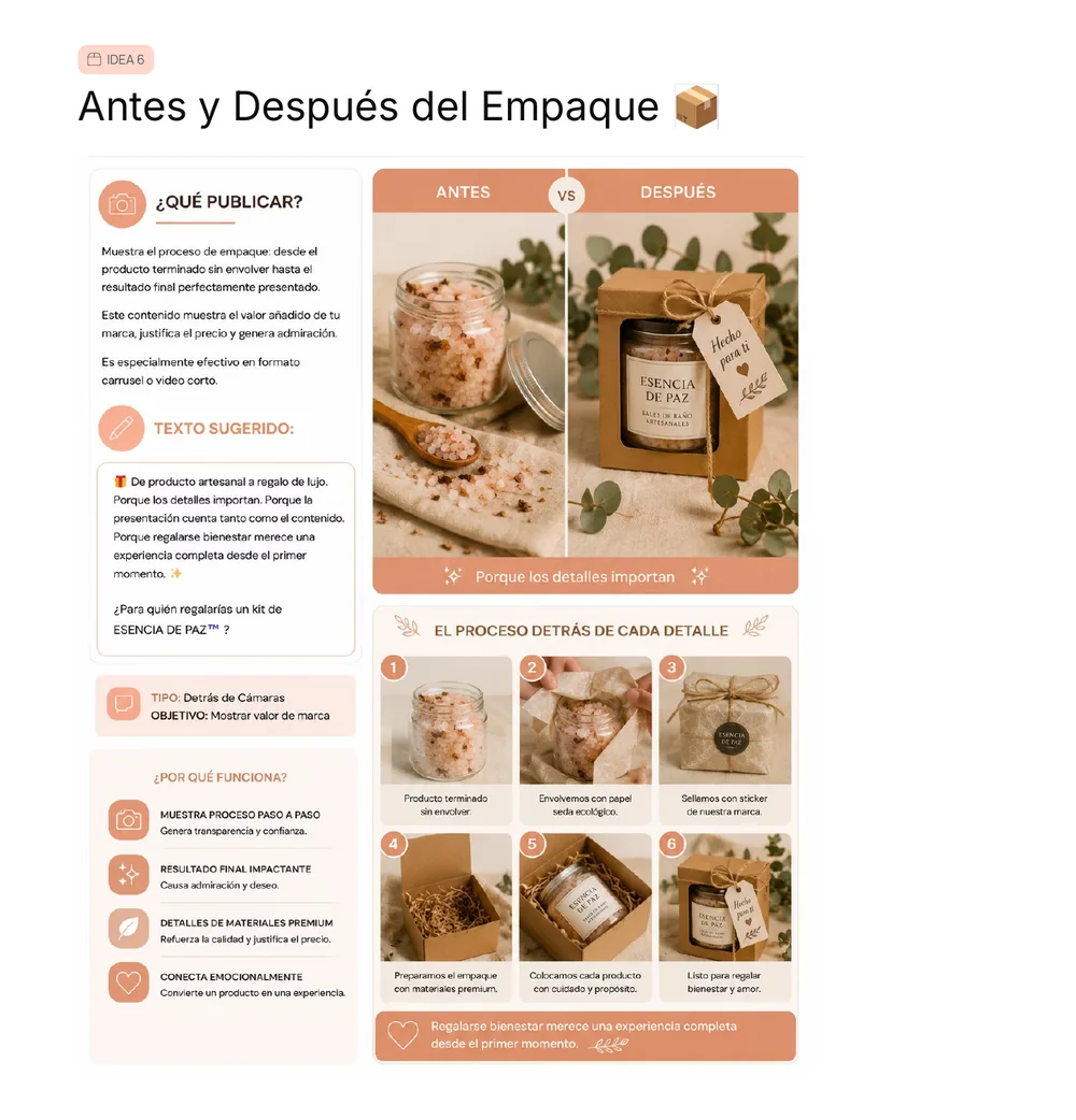 Página real con una idea de publicación para Instagram y texto sugerido
