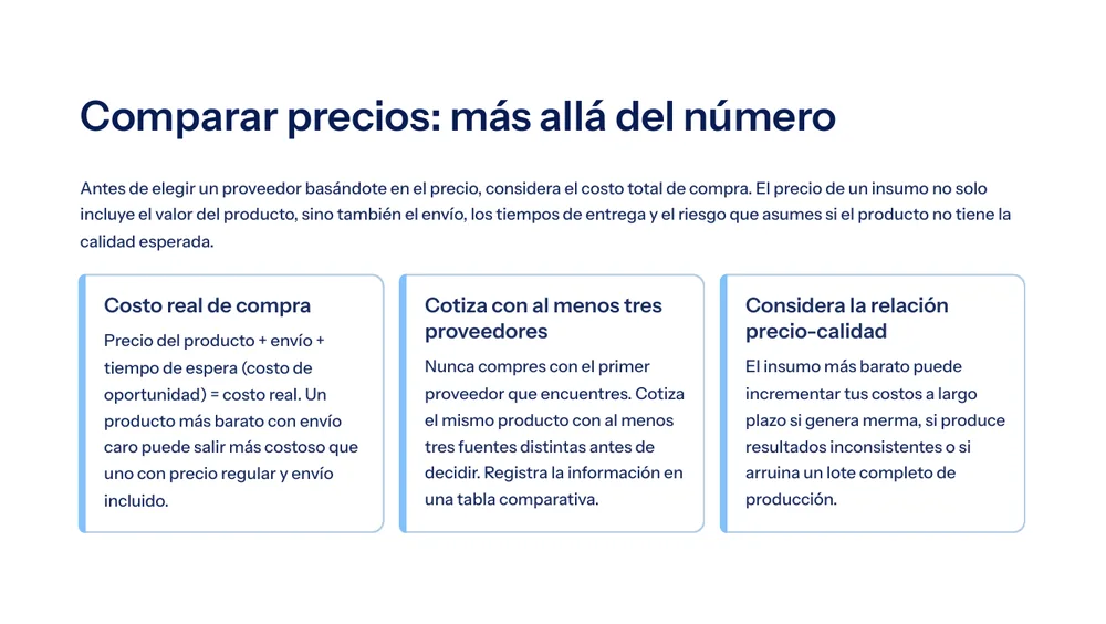 Página real de la guía con criterios para comparar precios y proveedores