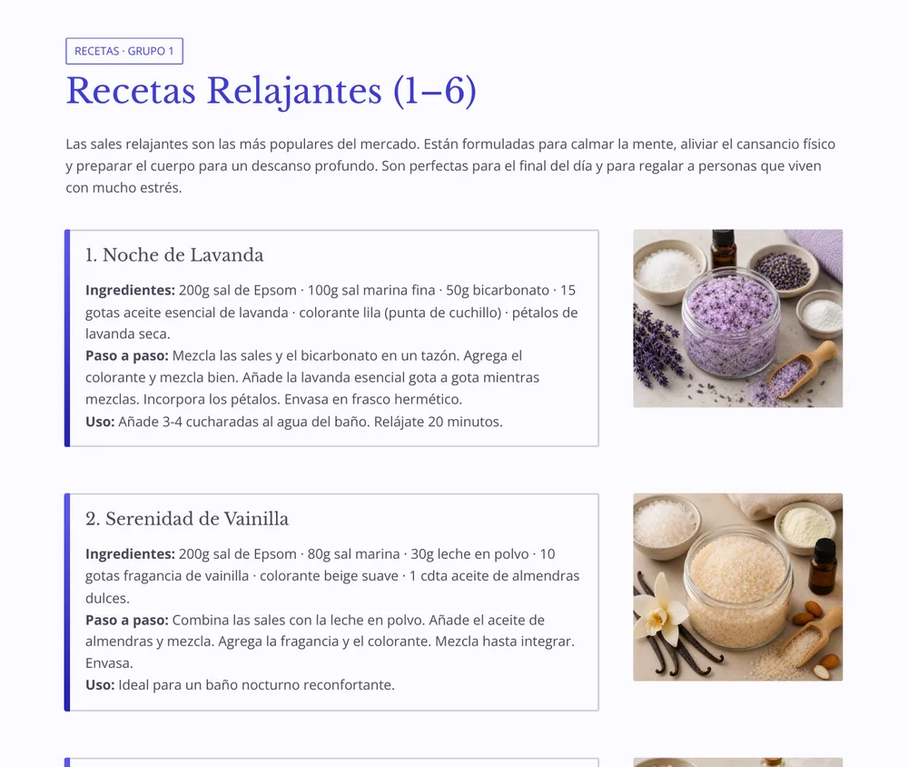 Página real del método con recetas de sales de baño, ingredientes, preparación y uso