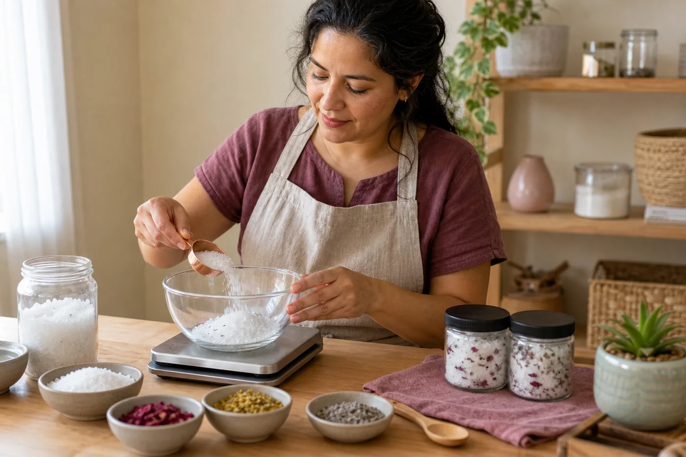 Mujer preparando una pequeña mezcla de sales de baño en una mesa organizada en casa