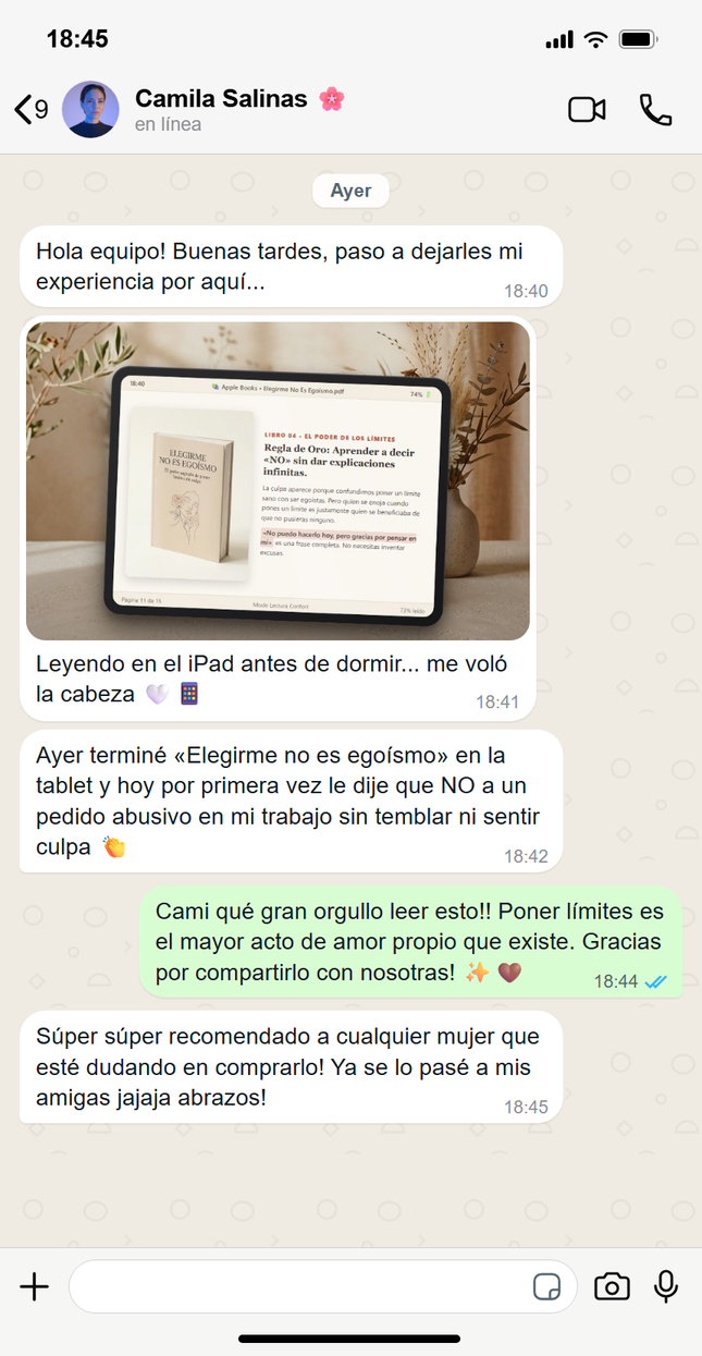 Testimonio de WhatsApp - Camila Salinas leyendo la colección en iPad